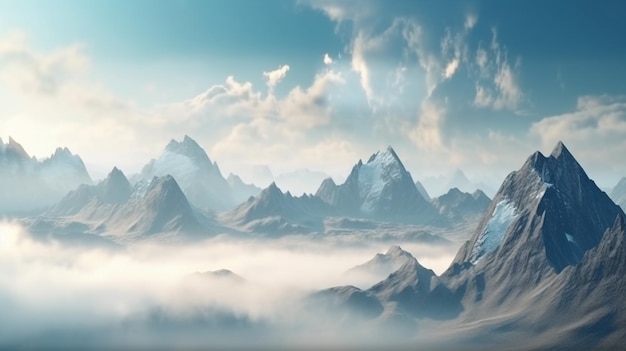 A mountain range with a blue sky and clouds