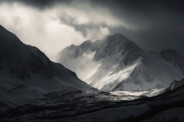 A mountain range with a blue sky and fog