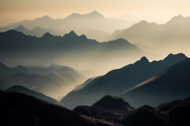 A mountain range with a blue sky and fog