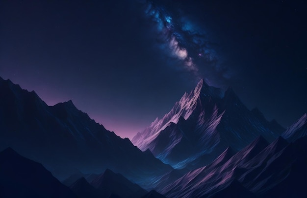 A mountain range with a blue sky and a galaxy in the background