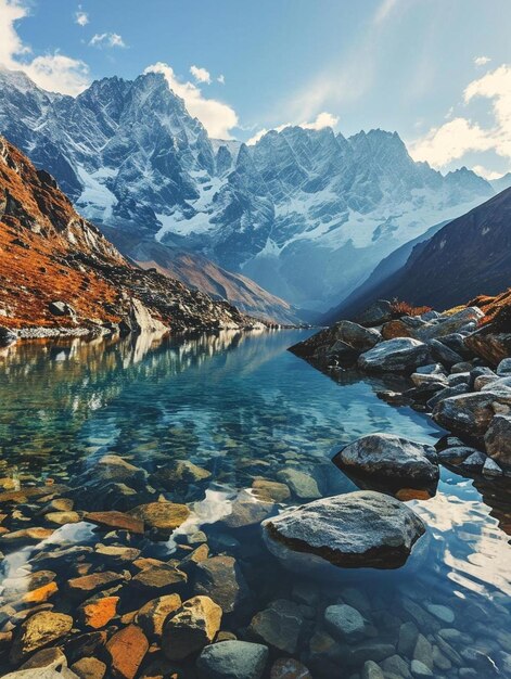 a mountain range with a body of water surrounded by rocks