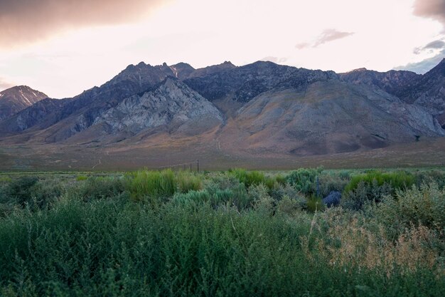 曇ったカラフルな夕日の山脈東シエラネバダ山脈カリフォルニア