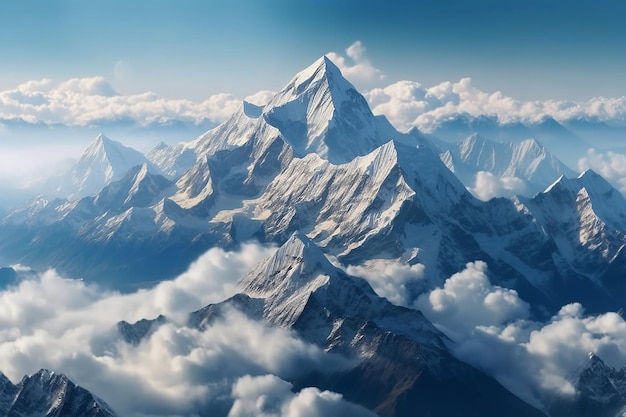 A mountain range with clouds and the mountain in the background