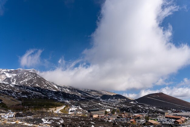 A mountain range with a cloudy sky and a small town in the valley