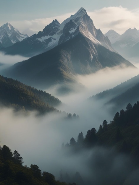 霧の森と山々を背景にした山脈