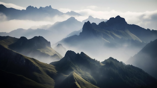 A mountain range with a foggy sky above it
