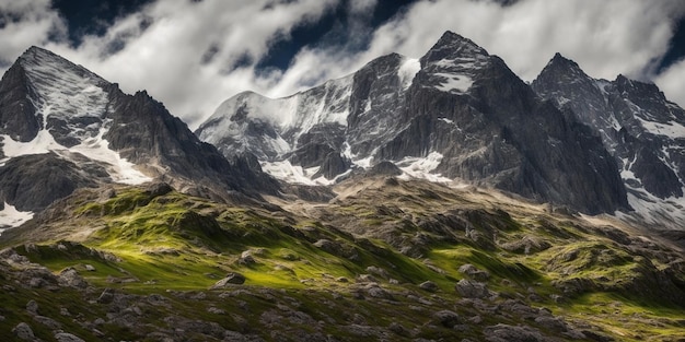 A mountain range with a green field and a snow covered mountain in the background.