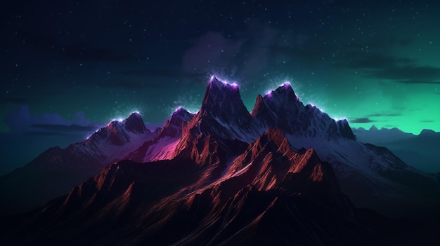 A mountain range with a green light above it.