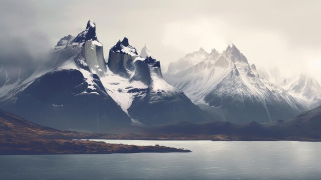 mountain range with a lake in the background