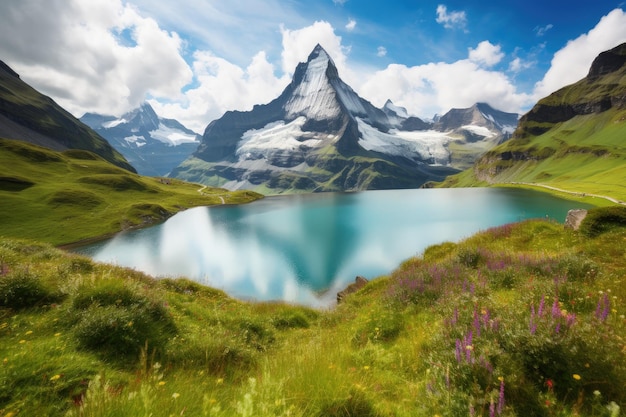 A mountain range with a lake in the foreground generative AI