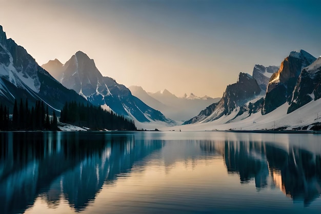 A mountain range with a lake in the foreground