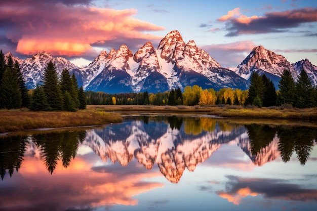 a mountain range with a lake in the foreground