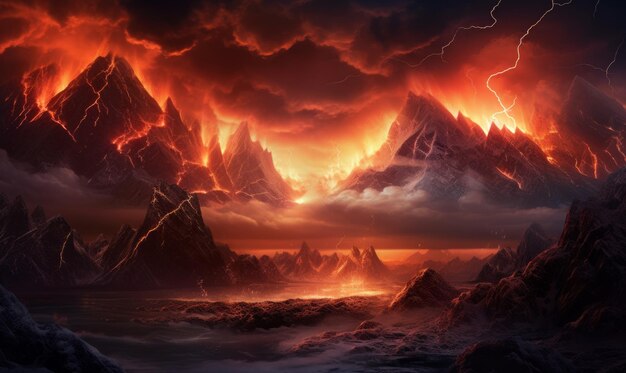 a mountain range with lava coming out of the mountains