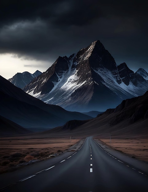 mountain range with long hiway road and long trees