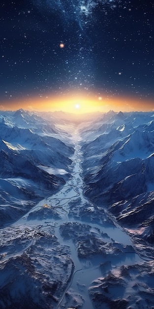 A mountain range with a long line of ice and a sun shining on it.