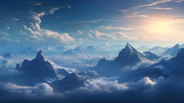 A mountain range with mountains in the clouds