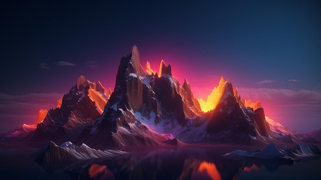 A mountain range with a purple sky and the sun shining on the mountains