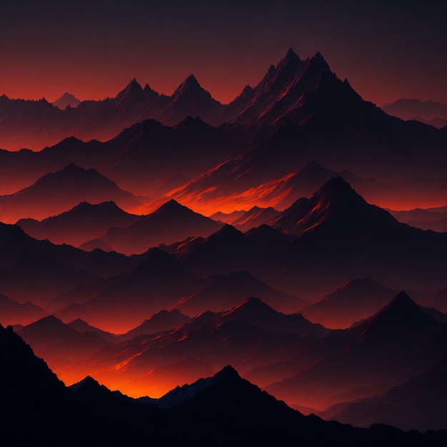 A mountain range with a red glow fire on the bottom