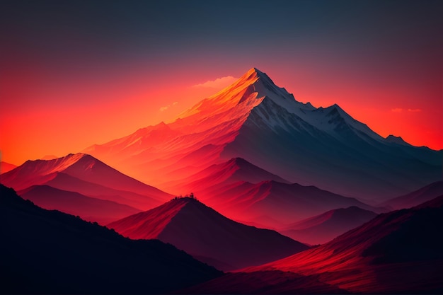 A mountain range with a red sky and the sun shining on it.