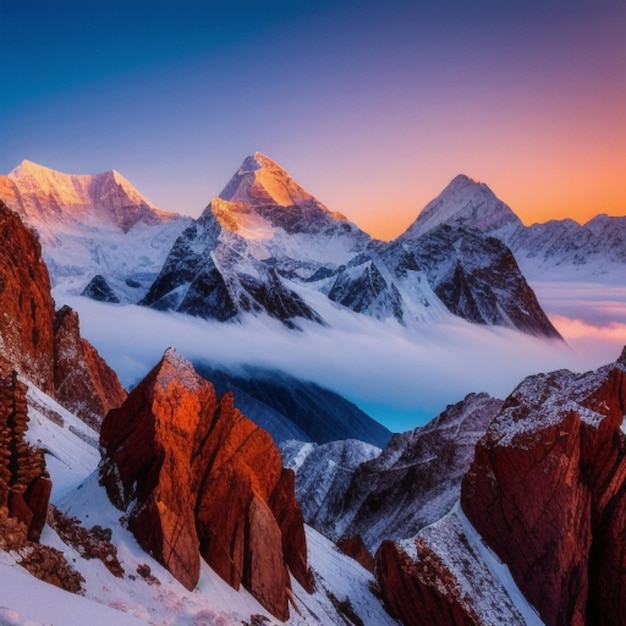 a mountain range with snow and mountains in the background.