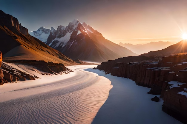 A mountain range with snow and mountains in the background