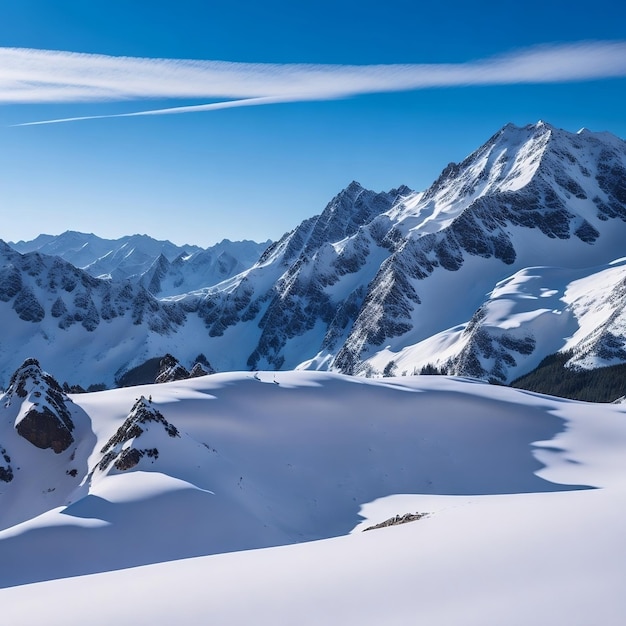 A mountain range with snow on the mountains and a blue sky with clouds