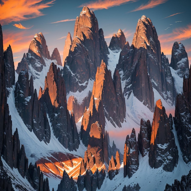 A mountain range with snow on the mountains and the sun is setting.