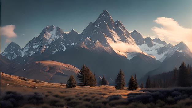 A mountain range with snow on the top