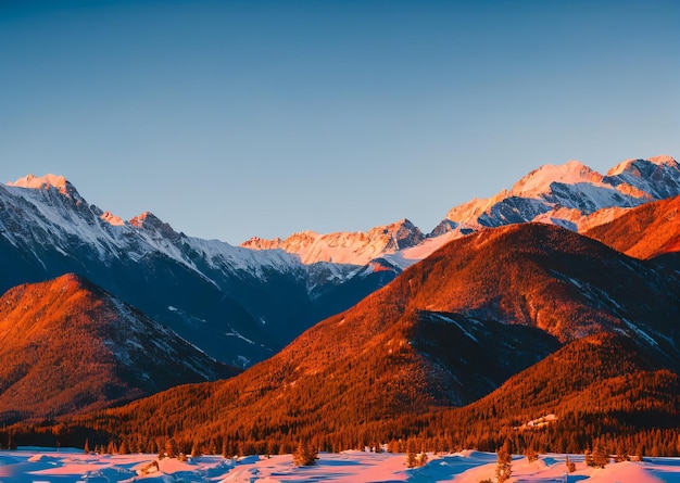 A mountain range with the sun setting behind it