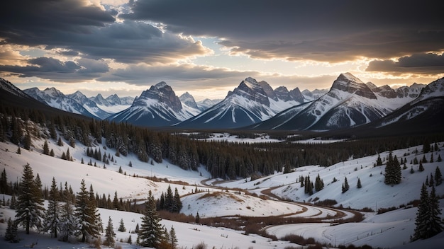 mountain range with a sunset in the background.