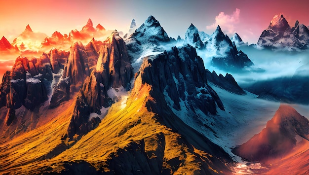 A mountain range with a sunset in the background