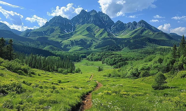 a mountain range with a trail in the foreground and a mountain in the background