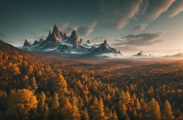 나무와 풀이 있는 산맥과 흐린 하늘 Generative AI