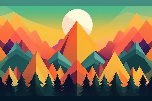 A mountain range with trees and sun