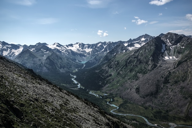 Mountain range with valley, mountain lakes and river during sunset, national park in Altai republic, Siberia, Russia