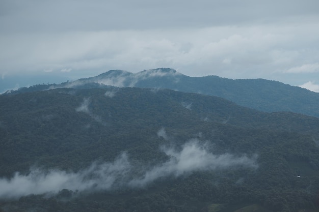 朝の青い霧の中にシルエットが見える山脈