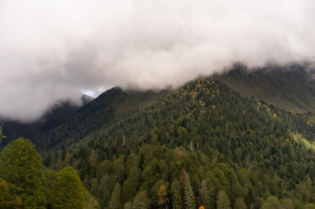 朝のカラフルな霧を通して目に見えるシルエットと山脈