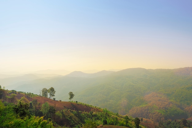 写真 朝の色鮮やかな小さな霧を通してシルエットが見える山脈