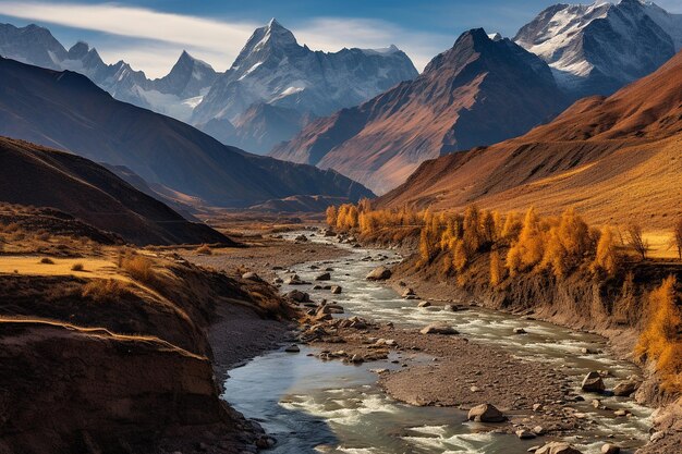 Mountain ranges with views of distant rivers or streams