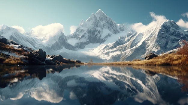 A mountain reflected in a lake with a blue sky and clouds