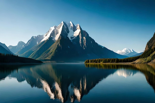 A mountain reflected in a lake with a blue sky and the word snow on the top.