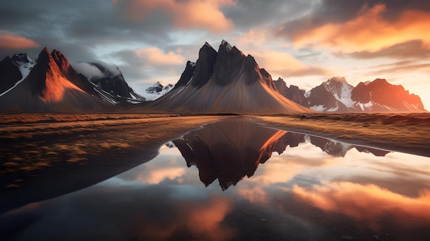 A mountain reflected in a lake with a cloudy sky in the background.