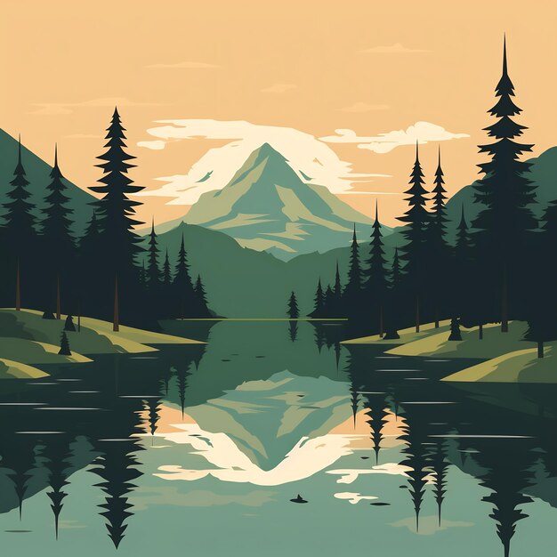 a mountain reflected in a lake with trees and mountains in the background