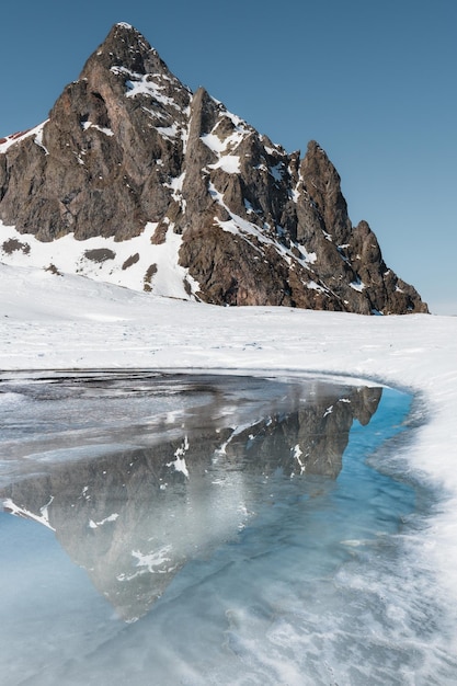 Mountain reflection in frozen lake of a sunny day in the pyrenees