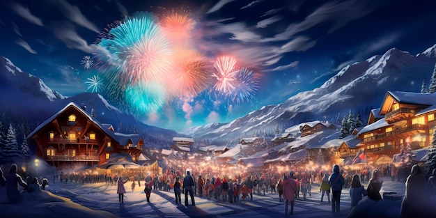 Mountain resort during the New Year celebration with skiing and snowboarding