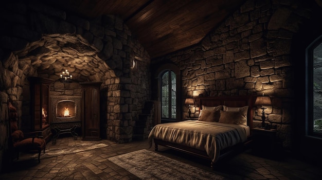 Горная кровать с стеной из камня, глазурный вид на лес и ночная лампа