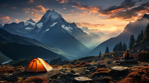 Foto la tenda di ritiro in montagna in mezzo a un paesaggio maestoso