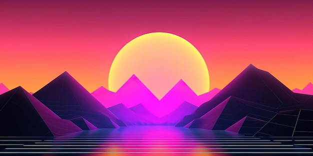 Photo mountain retro wave or synthwave background retro summer sunset wallpaper