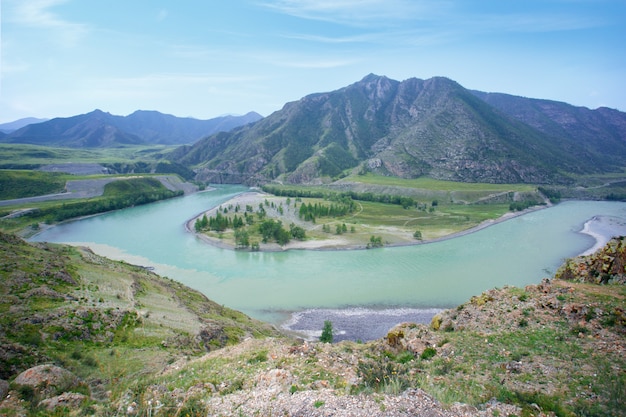 The Mountain Rive at Altay, Russia. Mountain river valley panorama landscape. 