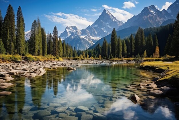 Mountain river flowing through a valley with snow capped mountains in the distance